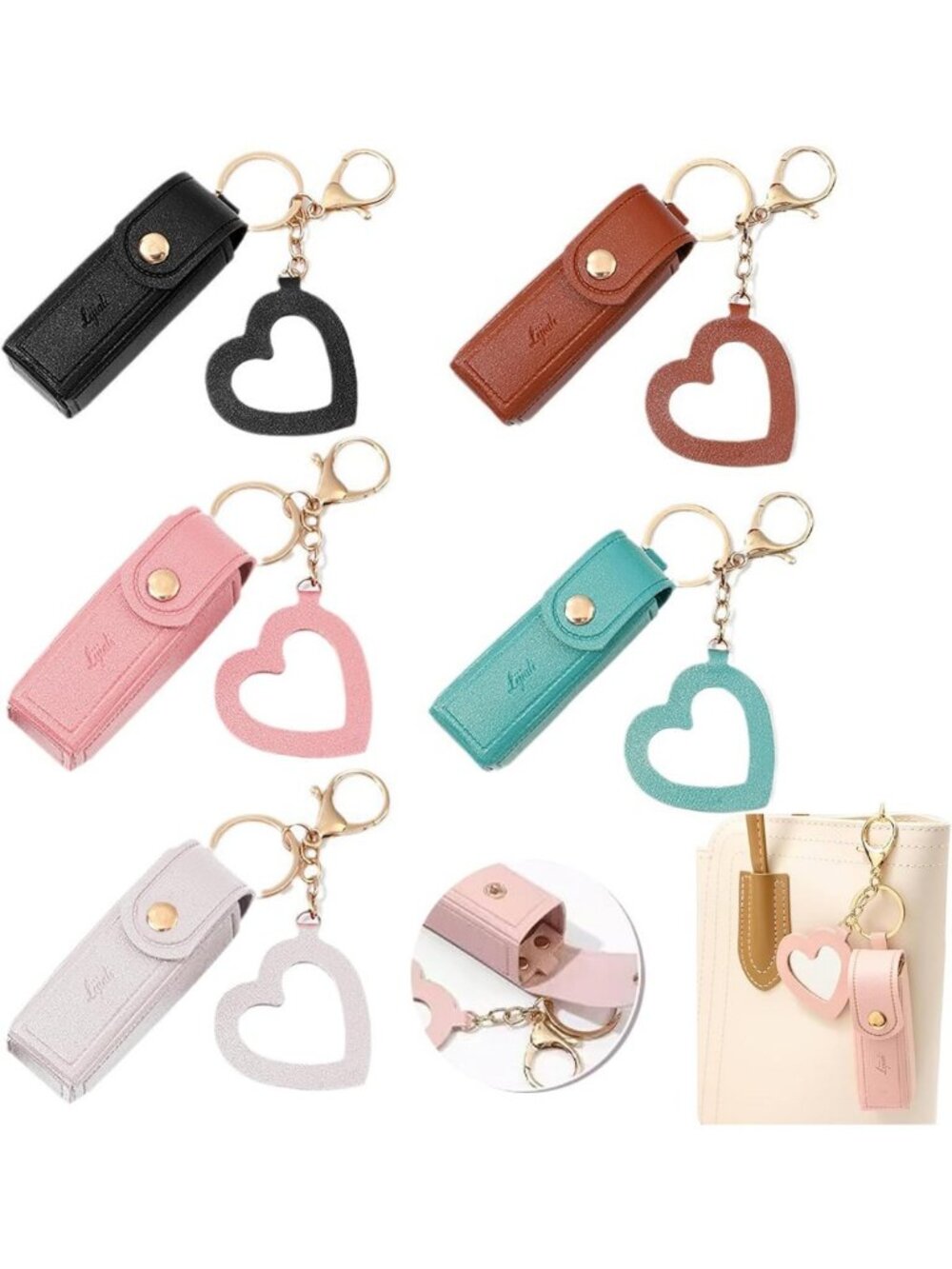 5 PCS Portable Lip Balm Holder Keychain with Mirror - Soft PU Leather Travel